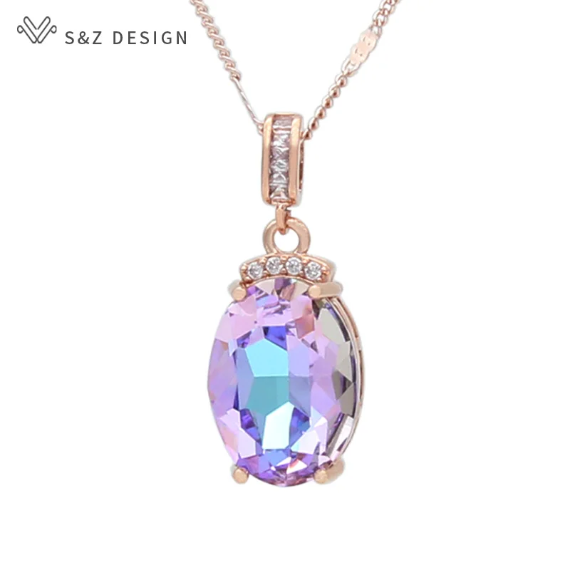 

S&Z DESIGN Fashion Elegant Luxury Oval Large Crystal Pendant Necklace For Women Girl Wedding Party Jewelry 585 Rose Gold Chain