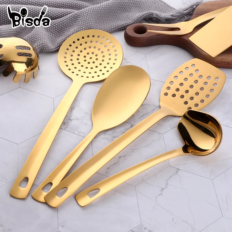 4/12pcs Stainless Steel Kitchen Utensils Gold Cooking Tool Long Serving Sets Scoop Spoon Fork Turner Ladle Cake Shovel | Дом и сад