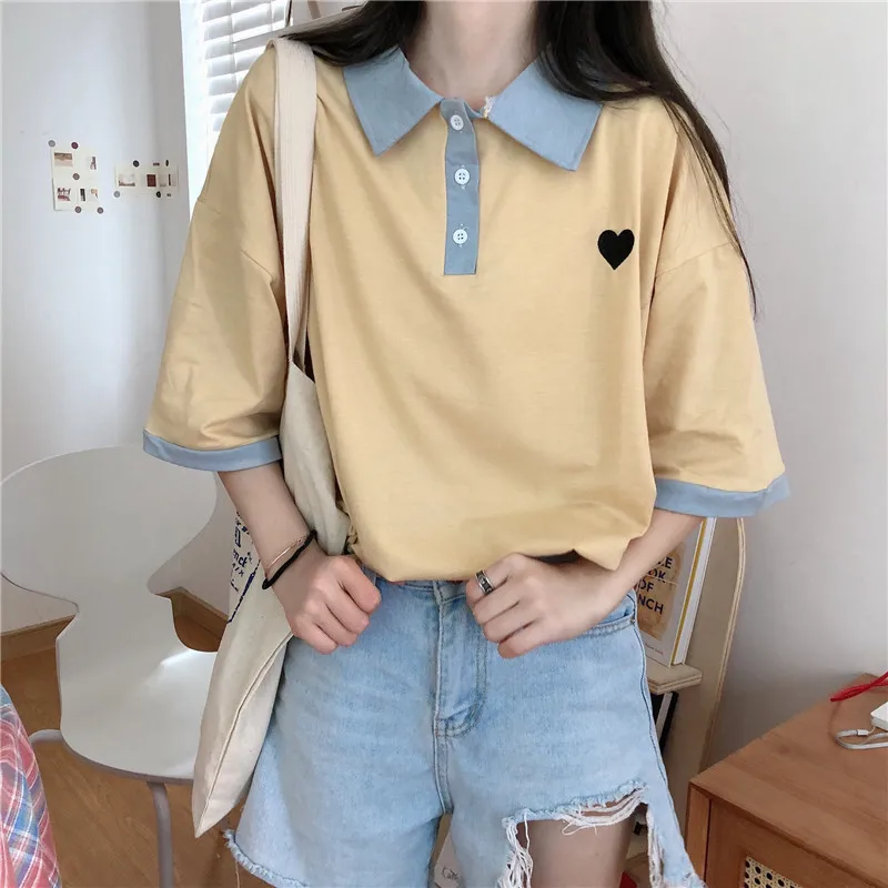 Рубашка-поло женская летняя в стиле Харадзюку с коротким рукавом и вышивкой