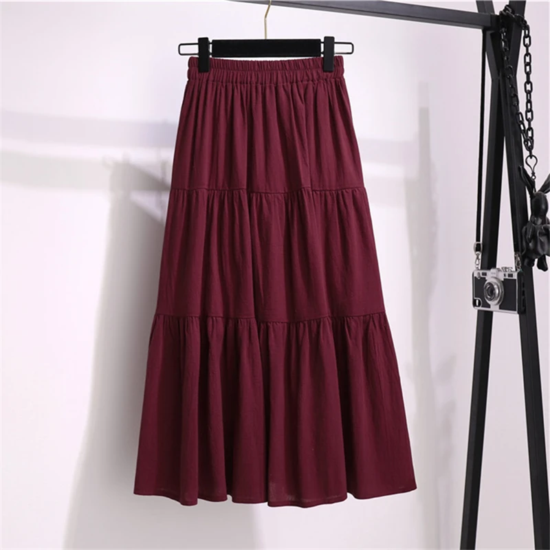 

2021 Summer Fashion New Style Cotton And Linen Mid-Length Style Literary Temperament Loose Thin A-Line Women's Skirts Trendy