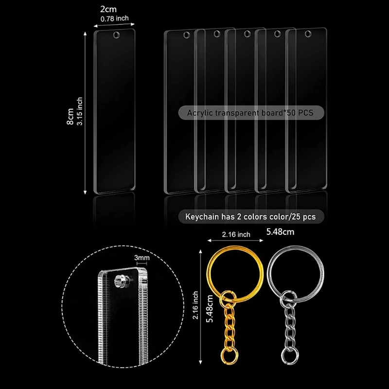 

50Pcs Acrylic Keychain Blank with Ring Clear Key Chain Rectangle Acrylic Blanks