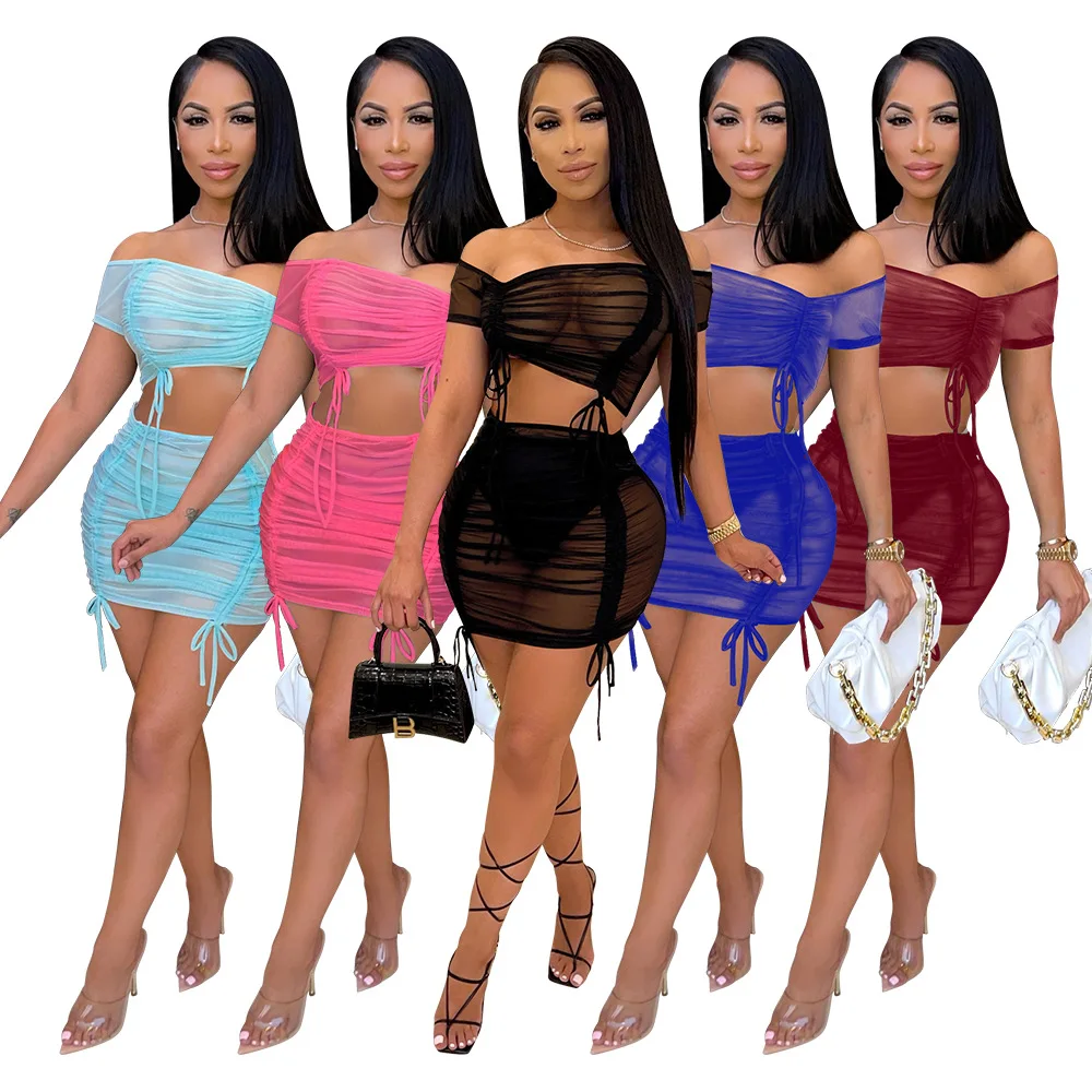 

Chiclover Women Summer Clothing 2021 Wholesale Items Sexy Mesh Transparent Two Piece Set Pleated Slash Neck Tops and Skirts Sets