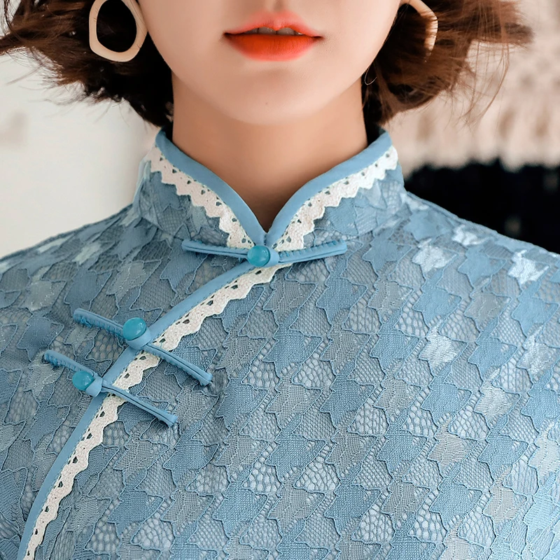 Элегантное синее кружевное платье чонсам пикантное облегающее с высоким