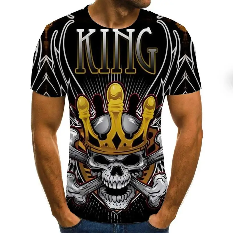 

2021 summer men's T-shirt new 3D printing skull devil shirt summer top quality black clothing round neck beach top