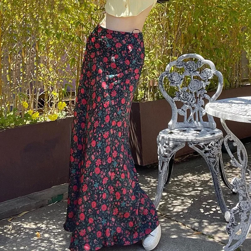 

Summer Women's Print Casual Long Skirt Low Waist Prairie Chic Skirt Y2K Dress Holiday Faldas Largas Mujer Alt Cloth Maxi Dress