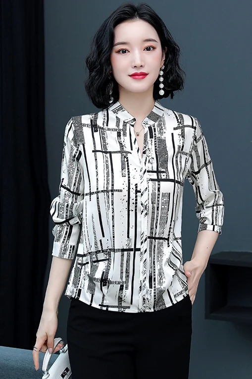 

Houthion Silk Slim Women's Blouses Spring/autumn Fashion Long Sleeve Top New Commuter Blouse Stripe V-neck Pullover