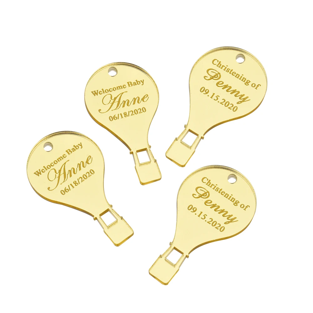 50PCS Personalized Engraved Hot Air Balloon Baby Tags Mirror Chocolate Logo Tags Lettering Name Tags Party Baby Shower Decor