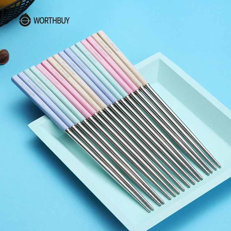 

WORTHBUY 4/8 Pairs 304 Stainless Steel Chinese Chopsticks With Wheat Straw Handle Reusable Chopsticks Set Food Sticks For Sushi