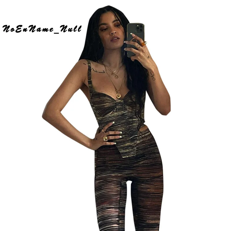 

Summer new printing suspender open back loose casual pants suit Y2k Punk 2 Two Piece Sets For Women Sexy Backless Crop Tops Pant