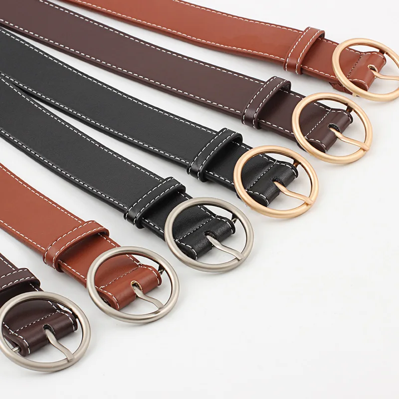 Ремень женский из искусственной кожи с круглой пряжкой золотого и серебряного