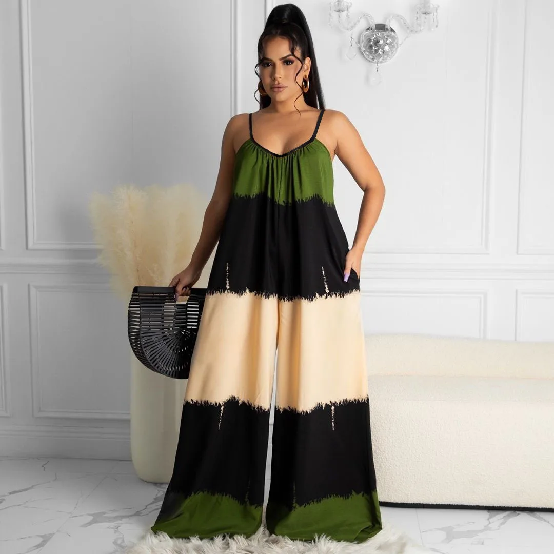 

2021 Summer New Women's Fashion Trend Sexy Print Wide-Leg Trousers Suspenders Beach Casual Jumpsuit