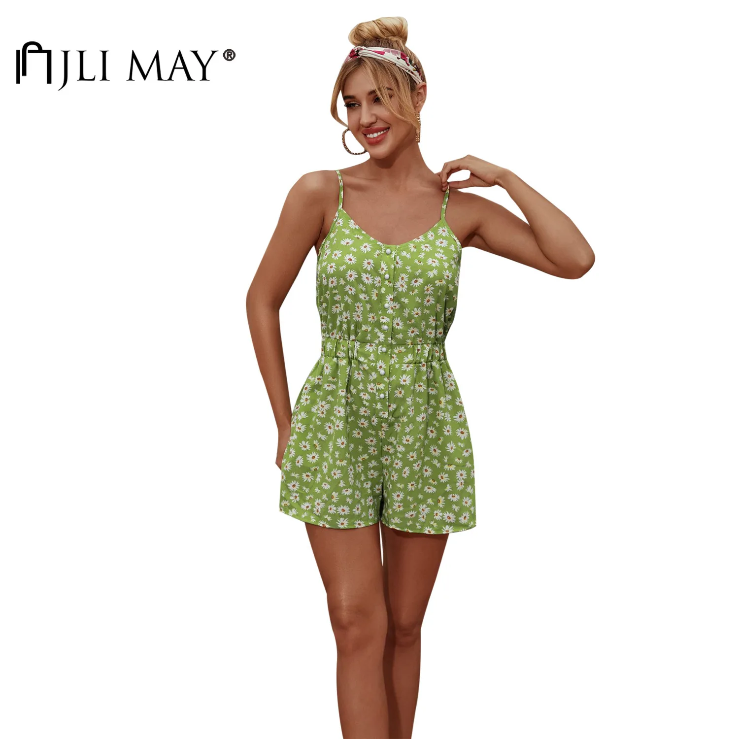 

JLI MAY Women Print Playsuit V-neck Sleeveless Casual Patchwork Single breasted Loose Straight High Waist Playsuits