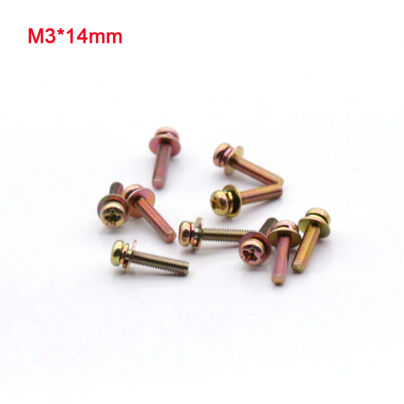 

20pcs Color Zinc Phillips Round Head Screws Sping/Flat Washer Kit Screw Three Combination Screws Bolts M3*14mm