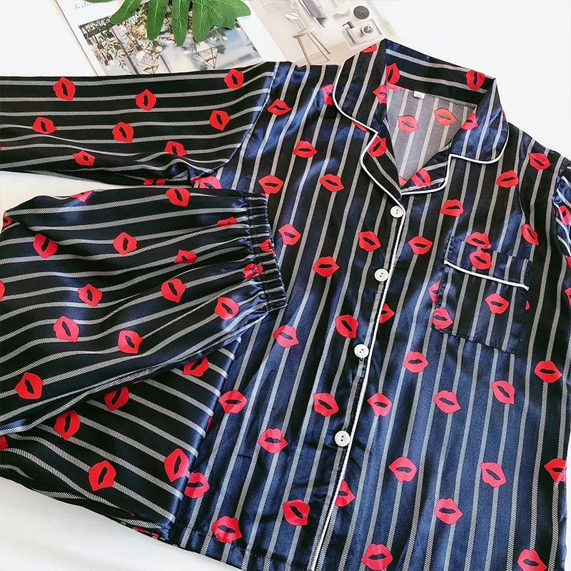 

Faux Silk Women Pajama Sets Satin Pyjama Sleepwear Long Sleeve Large Size Fashion Print Pyjamas for Girl Nightwear New 2021 PJS