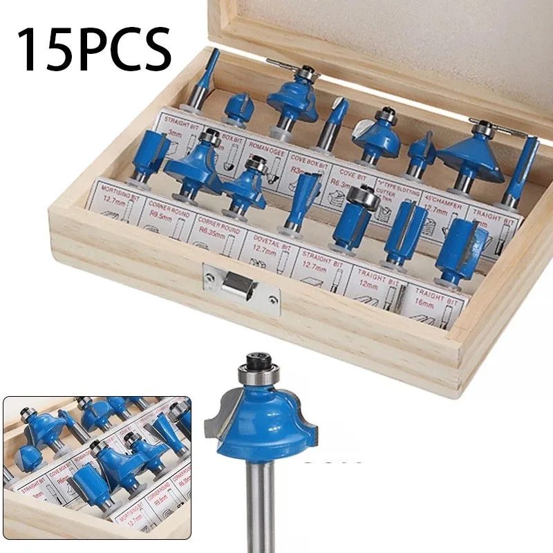 

15PCS Blue Woodworking Milling Cutters Set Wooden Box Packed 1/4 Shank Carbide Router Bit For Wood Cutter Engraving Cutting Tool