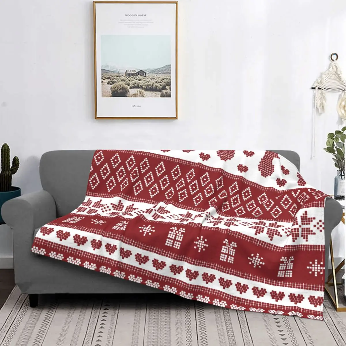 

Red Winter Nordic Snowflake Deer Christmas Blankets Flannel All Season Portable Soft Throw Blankets for Sofa Outdoor Rug Piece