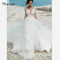 mrs win wedding dress gorgeous deep v neck vestido de novia plus size long sleeve lace beach floor length wedding dresses hr008