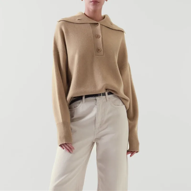 

Women's Cashmere Sweater Front Buttons Turtleneck Simple Long Sleeve Loose 2021 Autumn New Female Casual Knit Pull