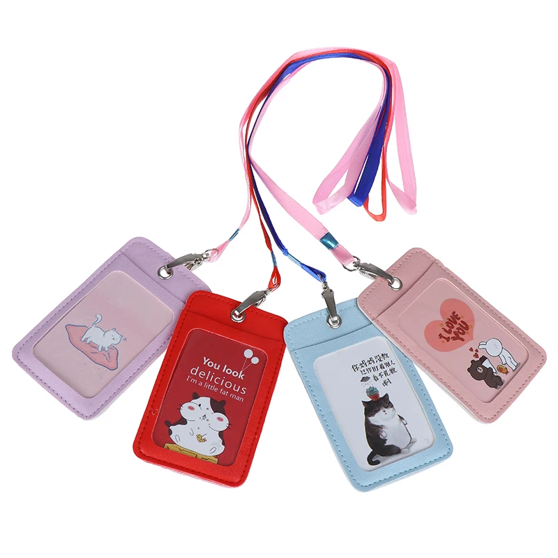 

Women Men Pu Leather ID Credit Bank Card Holder Students Bus Card Case Lanyard Male Visit Door Identity Badge Cards Cover