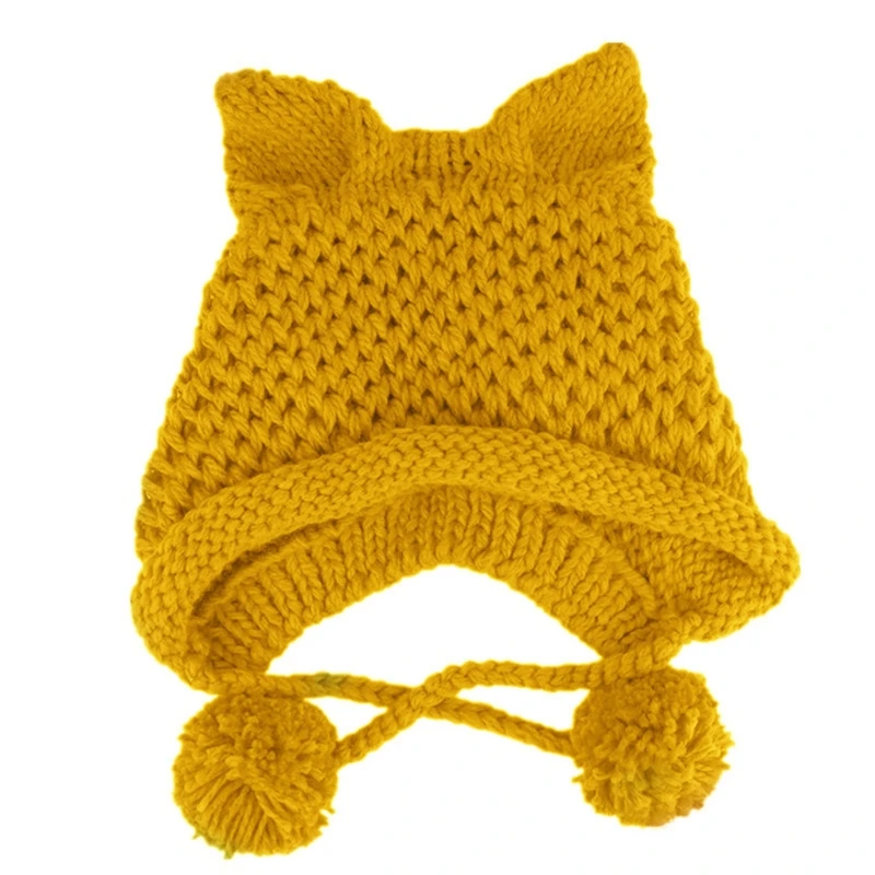 

Women Winter Chunky Knit Beanie Hat Cute 3D Cat Ears Solid Color Windproof Warm Earflap Cap with Pompom Chin Strap