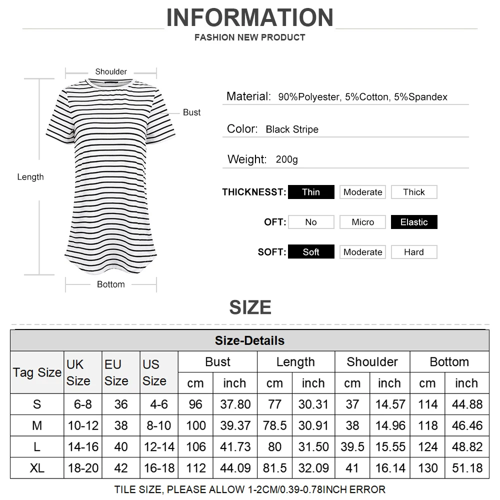 

Black White Striped Print Tops Ladies Casual Short Sleeve T-shirt Summer O Neck Loose Women T Shirts Basic Long Tunic Tops D30
