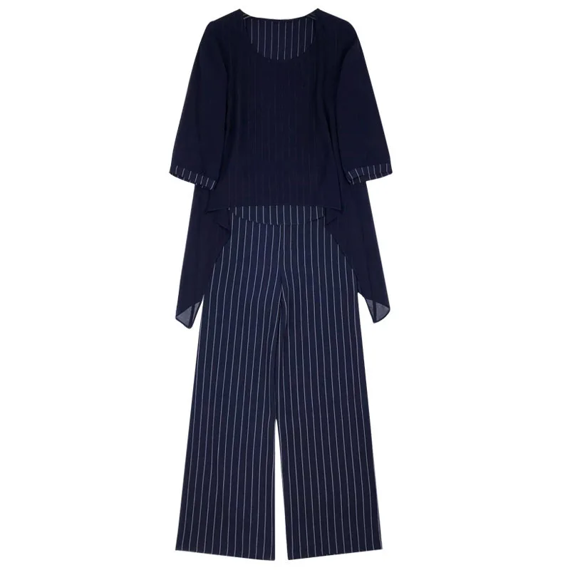 

M-5XL Summer Chiffon 2 Piece Sets Women Plus Size Casual Loose Asymmetrical Blouses And Stripe Wide Leg Pants Suits Elegant Sets