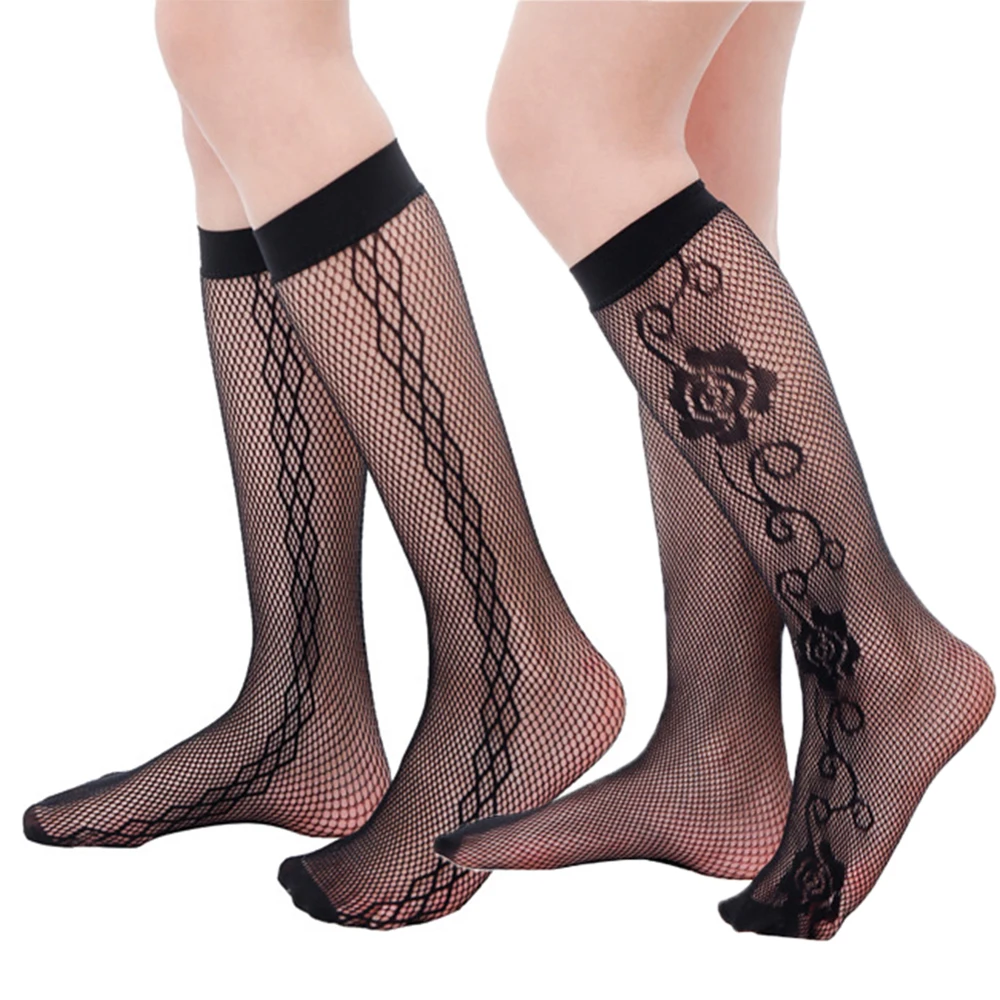 Sexy Women Lace Jacquard Knee High Stockings Ladies Hollow out Mesh Nets Anti-off Fishnet Stocking