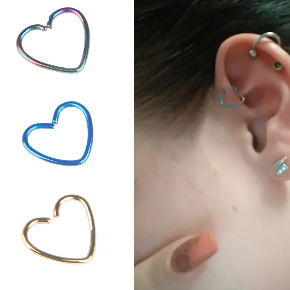 2PCS Surgical Steel Heart Ring Ear Stud Piercing Hoop Helix Cartilage Hoop Lip Nose Rings Orbital Helix Jewelry Body Jewelry