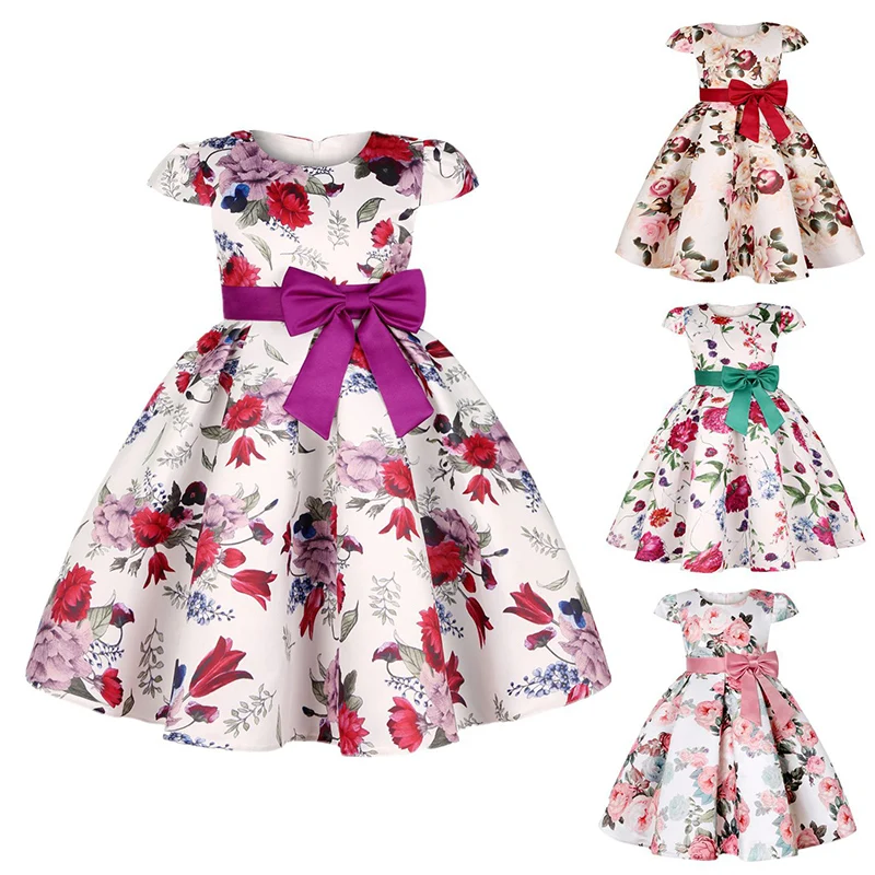 

2021 New Christmas Party Dresses Girls Princess Dresses Wedding Costume Kids Flower Printing Performance Clothes 2-11 Years