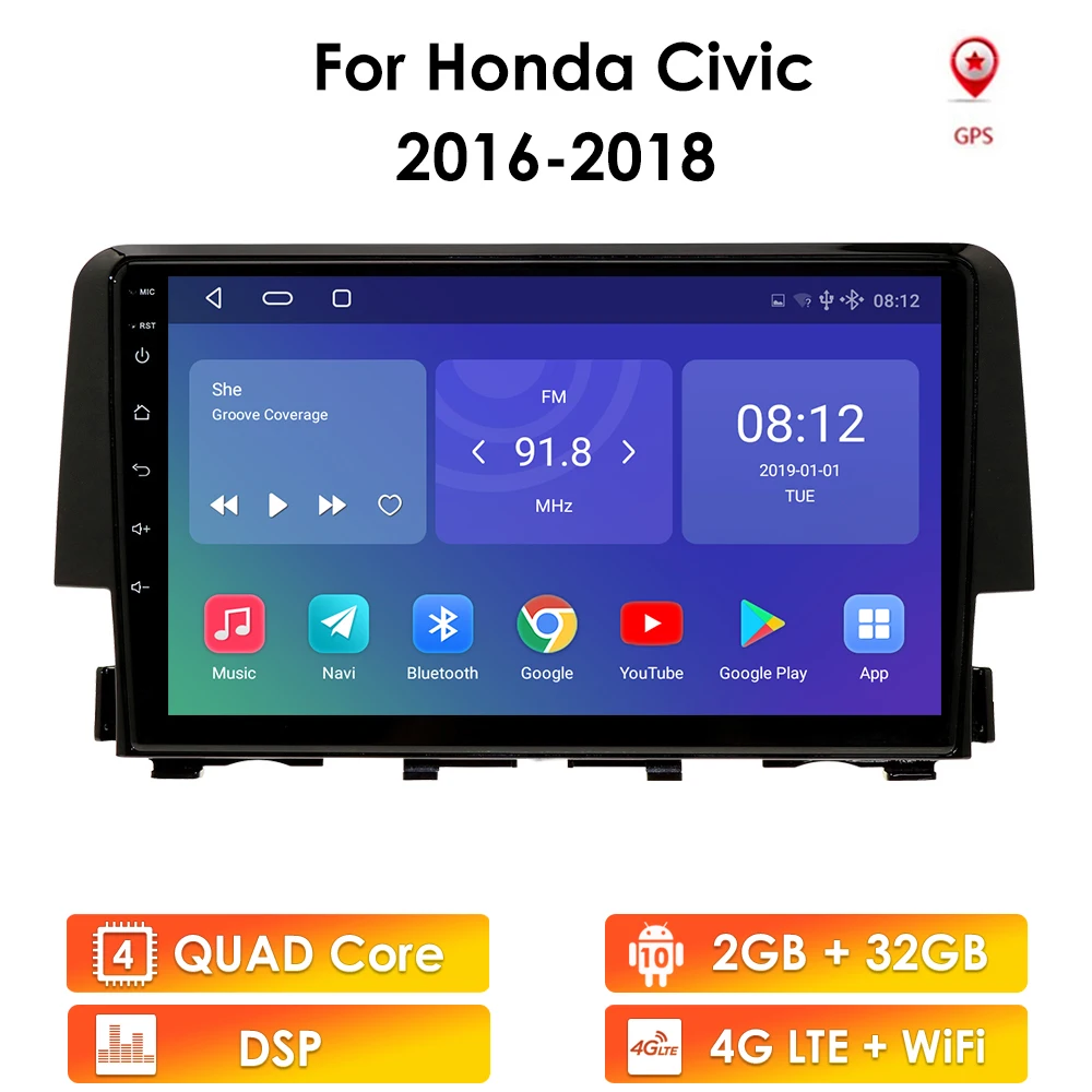 9 дюймов 4 ядра 2 Din Android автомобильный Радио GPS для Honda Civic 2016 2017 2018 OBD2 DVR SWC Мультимедиа Видео Wi Fi стерео