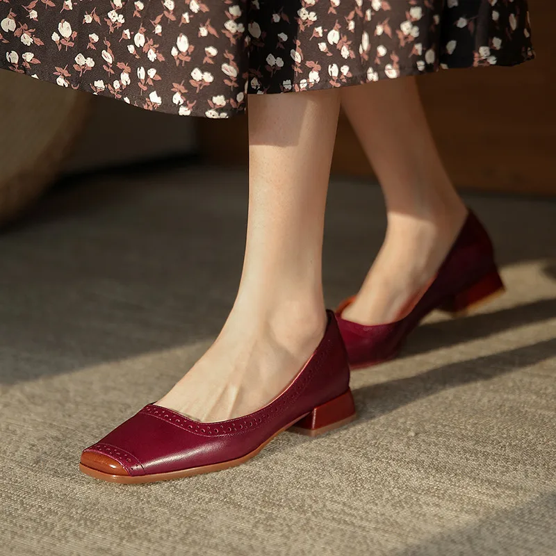 

MEMUNIA 2021 Top Quality Pumps Women Genuine Leather Shoes Square Toe Mixed Colors Spring Summer Single Shoes Women Wine Red