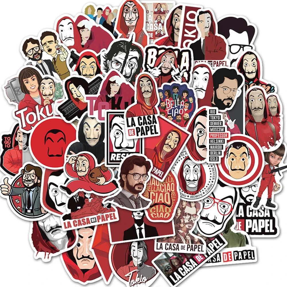 Pegatinas impermeables De La Casa De Papel para ordenador port&aacute;til, pegatinas divertidas De bricolaje para equipaje, guitarra y bicicleta, serie De TV, Money Heist, 10/30/50 unids/paquete-0
