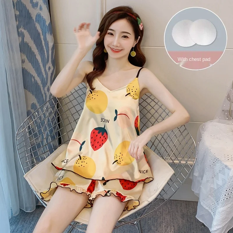 

Cartoon Print Lovely Sleepwear Home Suit Summer V Neck Sleeveless Sexy Pyjamas Womens Two Piece Silk Pajamas Set with Chest Pad