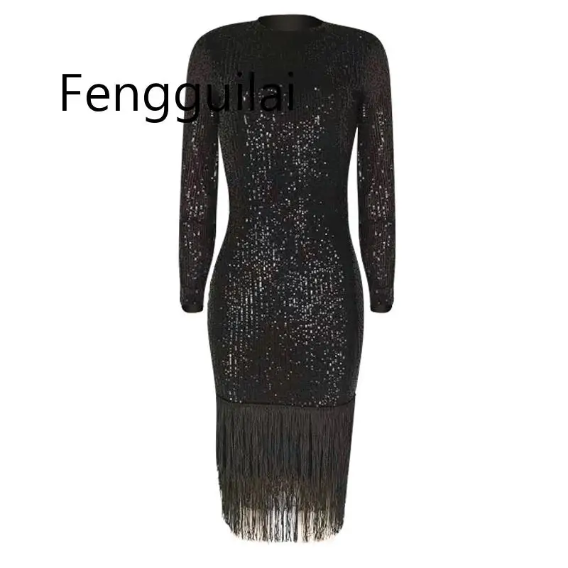 

Women Winter Striped Sequined Tassel Bodycon Midi Dress Mesh Full Sleeve Sexy Club Night Casual Bandage Dresses Vestido