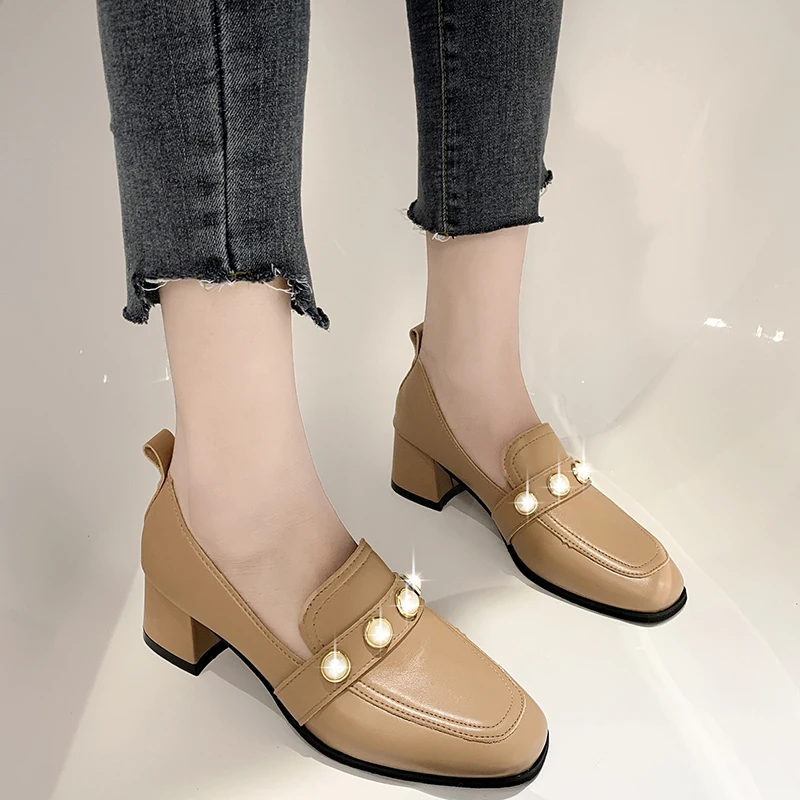 

Shallow Mouth 2021 Slip On Beige High Heels Comfortable High-Heeled Shoes Branded Pumps Sandals Ladies Lace-Up Square Toe Latest