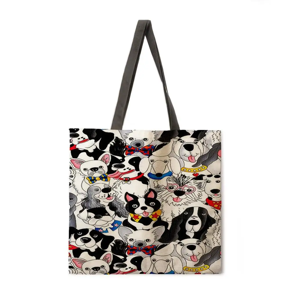 

Multi-head dog tote bag linen fabric casual tote bag foldable shopping bag reusable beach bag lady shoulder bag