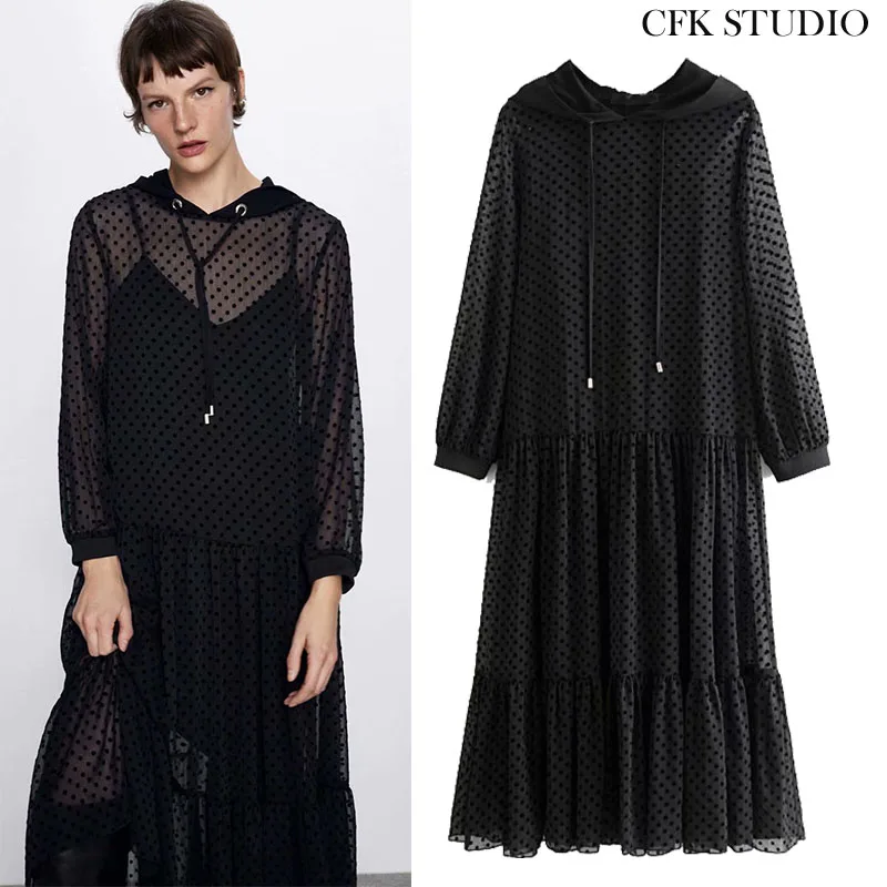 Женское Прозрачное платье миди ZA черное повседневное Свободное в горошек с