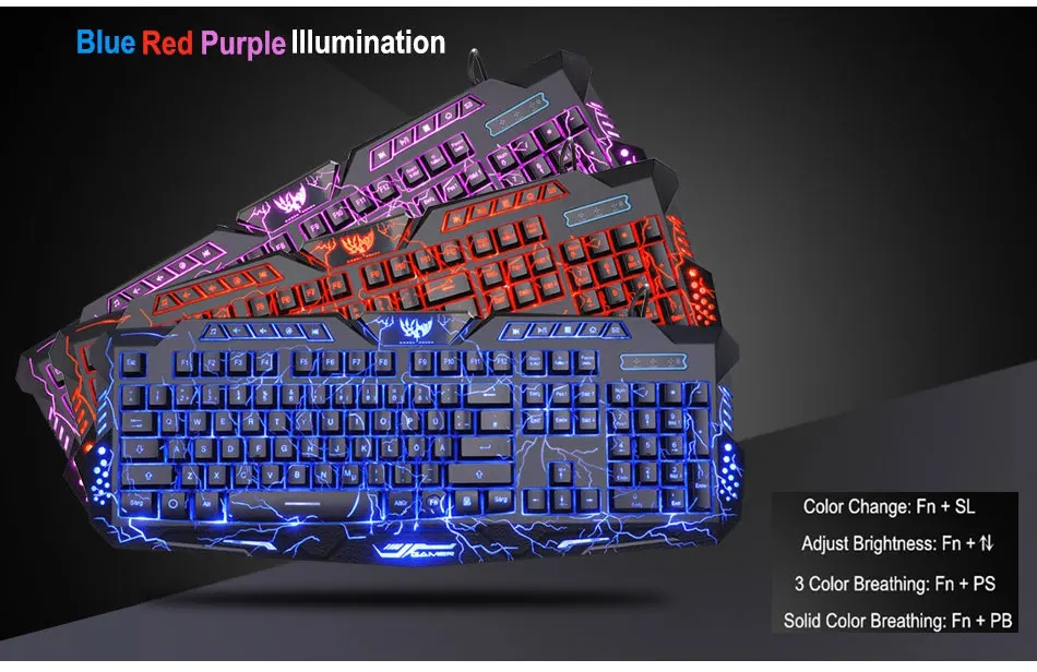 LED клавиатуры 3-Цвет клавиатуры Keyboard Switch подсветкой USB Проводная Игровые ПК / ноутбука русский и английский клавиатуры Игровая освещенная клавиатура привело клавиатура с подсветкой