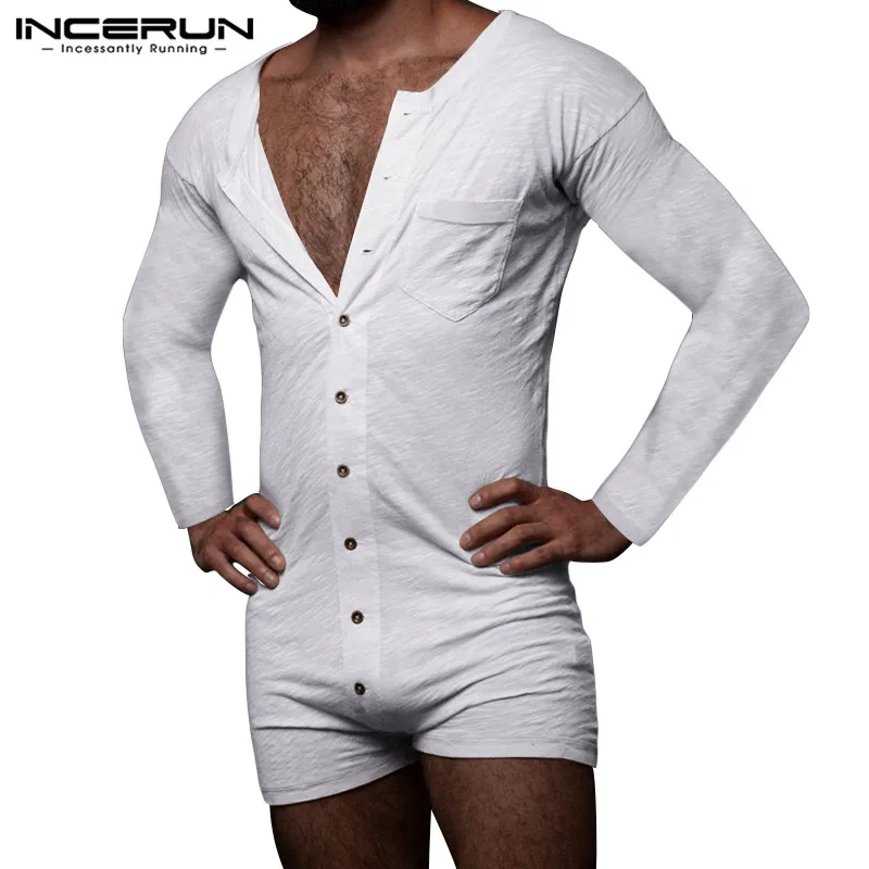Man Fashion Buttons Shorts Jumpsuit Homewear INCERUN Mens Leisure Pajamas Onesies Long Sleeve O Neck Solid Rompers Sleepwear 5XL