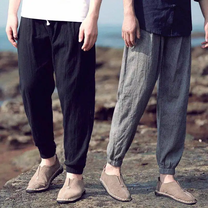 Мужские штаны для бега свободный цветение из хлопка и льна в стиле Харадзюку с