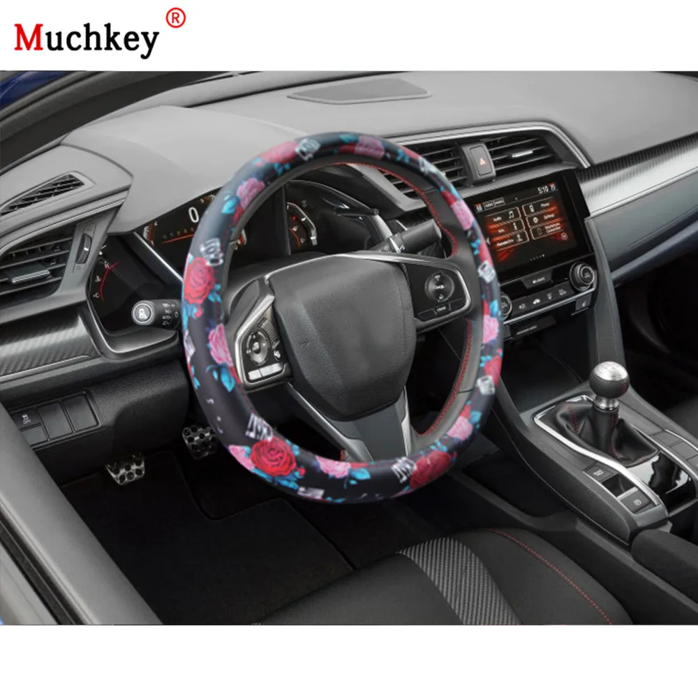 

For Honda Civic 2020 Microfiber Leather Car Steering Wheel Cover With Fashionable Flower Protective Cover All Seasons