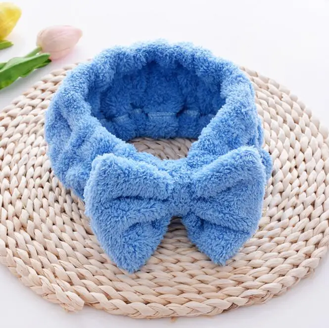 blue Фланелевые косметические повязки на голову, мягкие эластичные повязки на голову с бантом, кружевные повязки на голову для мытья лица, душа, спа, инструменты для макияжа - Handle Color: blue