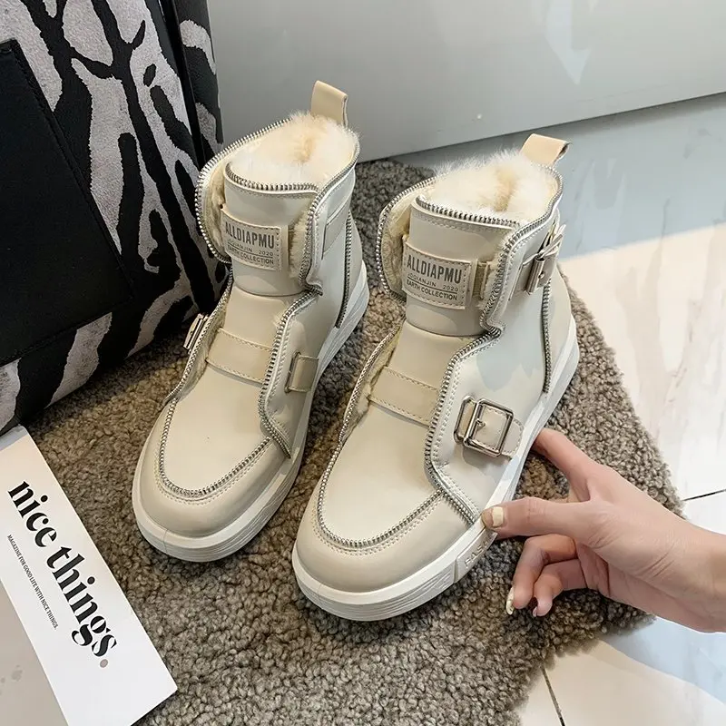 

Fashion Winter Short Plush Keep Warm Round Toe Strappy Ankle Boots Snow Boots Low-heeled Non-slip Women Shoes Zapatillas Mujer