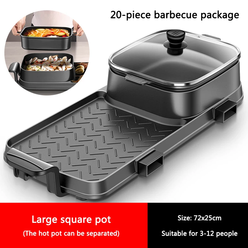 2in1 Electric Multi Cooker Barbecue Pan Hot Pot Cooker Electric BBQ Griddle Non-Stick Hotpot Roasting Baking Plate 72x25cm 2200W