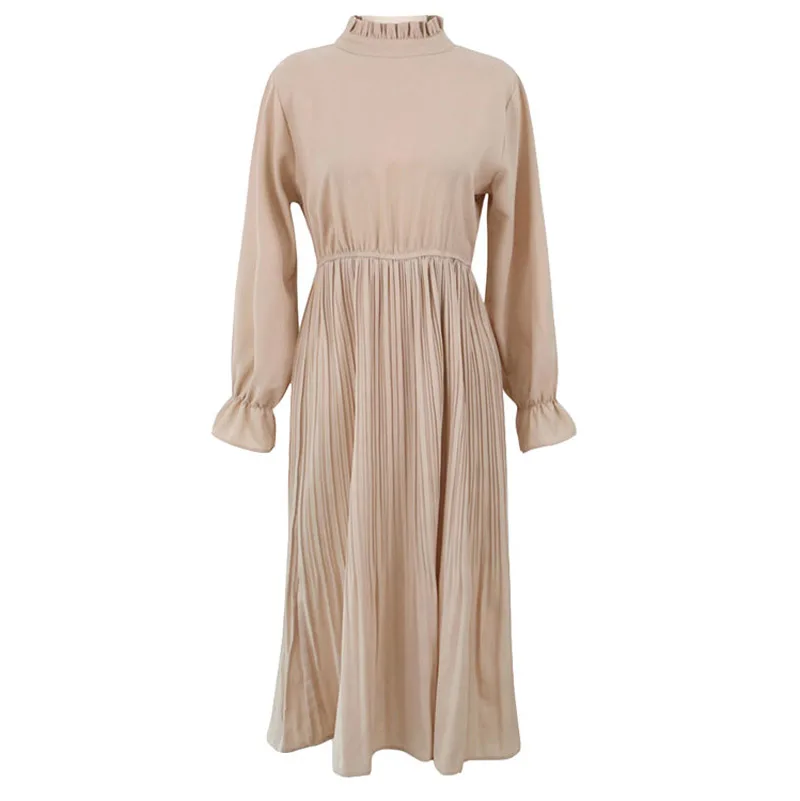 

NEW Korean Women Dresses Sundress Vintage Flare Sleeve High Collar Chiffon Dress Elegant A-Line Pleated Elastic Waist Dress