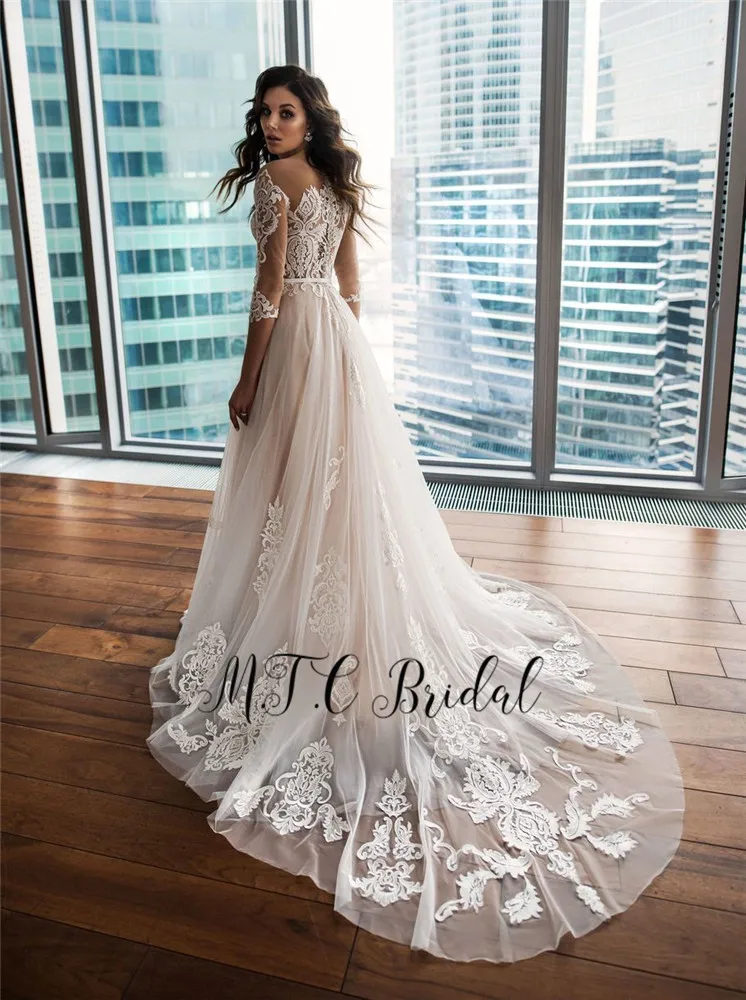 

Newest 2019 Lace Wedding Dresses With Half Sleeve Sweep Train A Line Sheer Tulle Boho Bridal Dress Vestido De Noiva Cheap