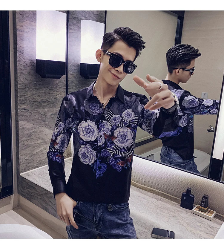 Camisa Masculina цифровой принт мужские рубашки с длинным рукавом Осень мужские рубашки с цветочным узором повседневные приталенные рубашки для ночного клуба homme 3XL