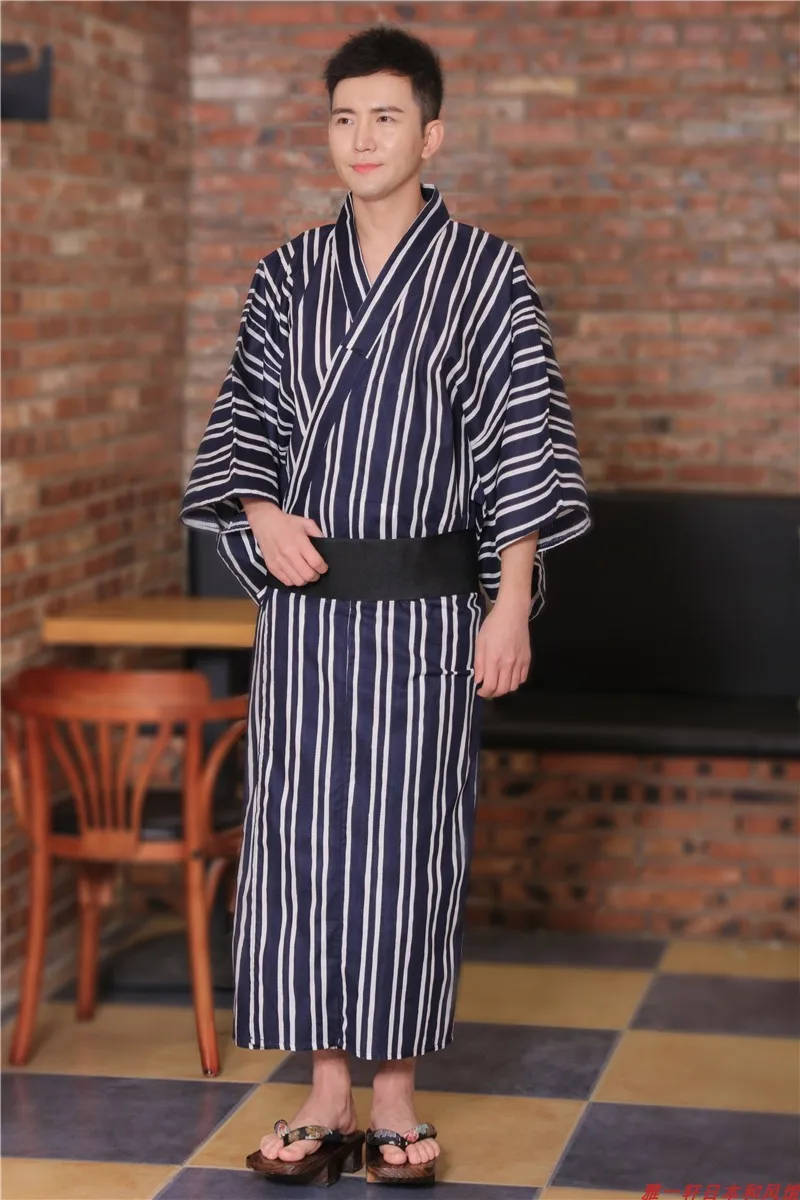 

Traditional Japan Kimono Yukata Men's Dressing Gown Male Lounge Robes with Belt Summer Pajamas