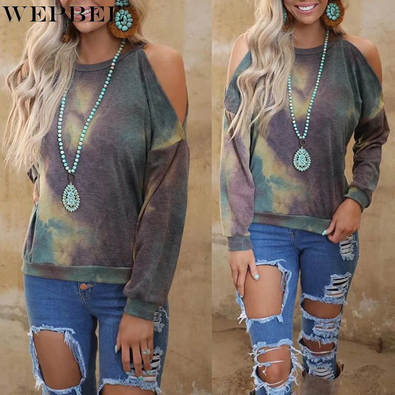 

WEPBEL Spring and Summer Fashion Tie-Dye Printed Off-Shoulder T-shirt Women's Casual Long Sleeve O-Neck Pullover T-shirt Top