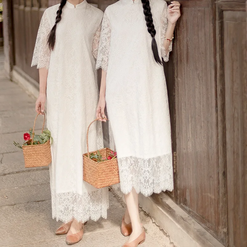 

Improved Dress Long Lace Fairy Cheongsam Dress Artistic Lady Temperament Dress Sexy Dress Chinese Style Costume elegant dress